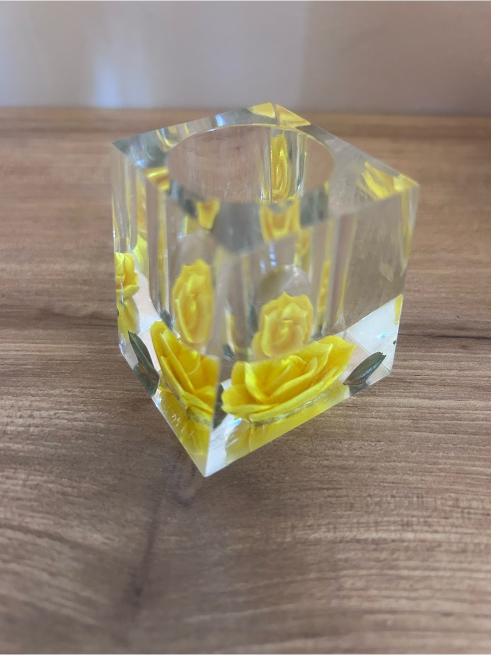 Vintage Clear Lucite Cube Votive with Yellow Rose Inlay
